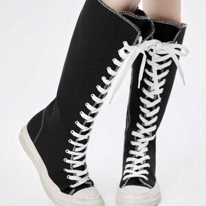 Black Lace-Up Knee-High Canvas Sneakers - Women